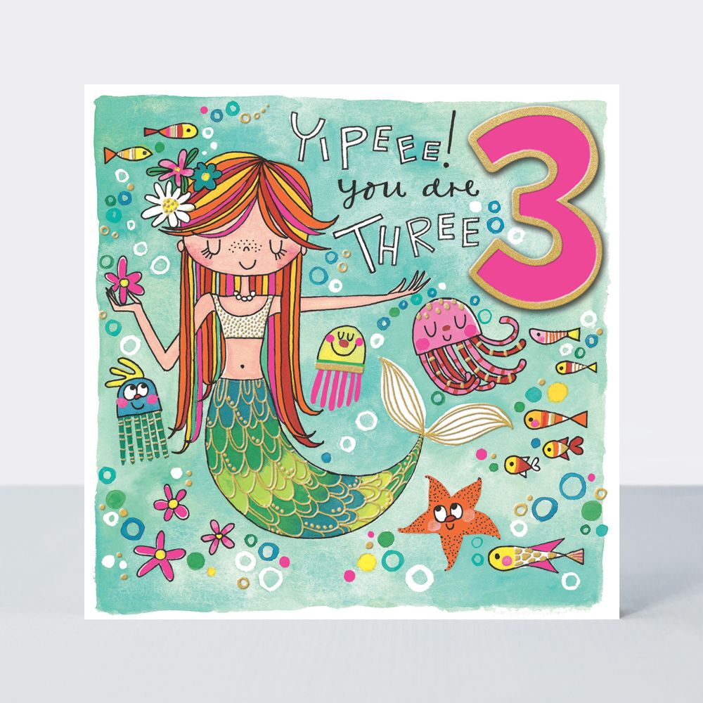 3rd Birthday Cards - YIPEEE YOU Are THREE - MERMAID Beneath The SEA BIRTHDA