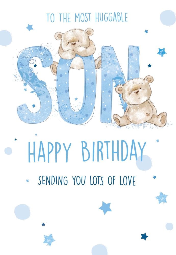 To The Most Huggable Son Birthday Card - CHILDRENS Birthday CARDS - Birthday CARDS For Son - CUTE Teddies BIRTHDAY Card 