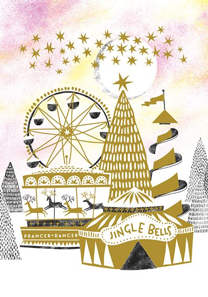 Jingle Bells Cards - CHRISTMAS Cards - WINTER Fairground Scene - GOLD Foil 