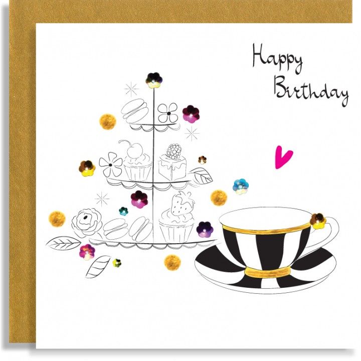 Birthday Cards - HAPPY BIRTHDAY - Cake & TEA Birthday CARD - Cute BIRTHDAY 