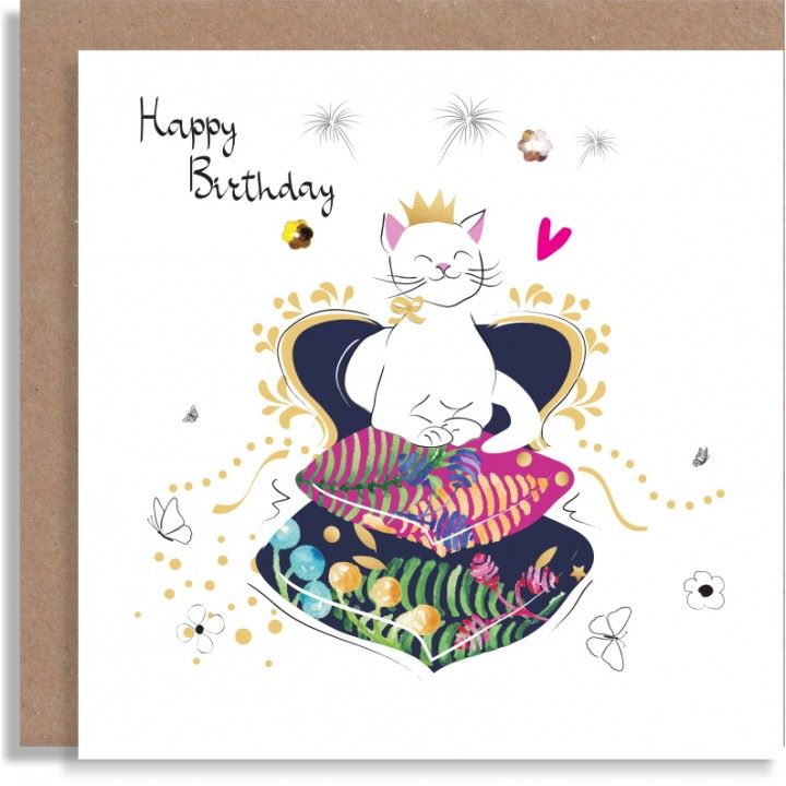 Birthday Card - CAT Birthday CARDS - HAPPY BIRTHDAY - Cute CAT On CUSHIONS 