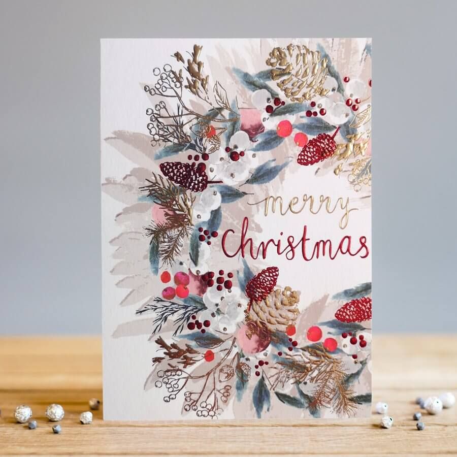 Christmas Wreath Christmas Cards - MERRY Christmas - STUNNING Red FOIL Chri