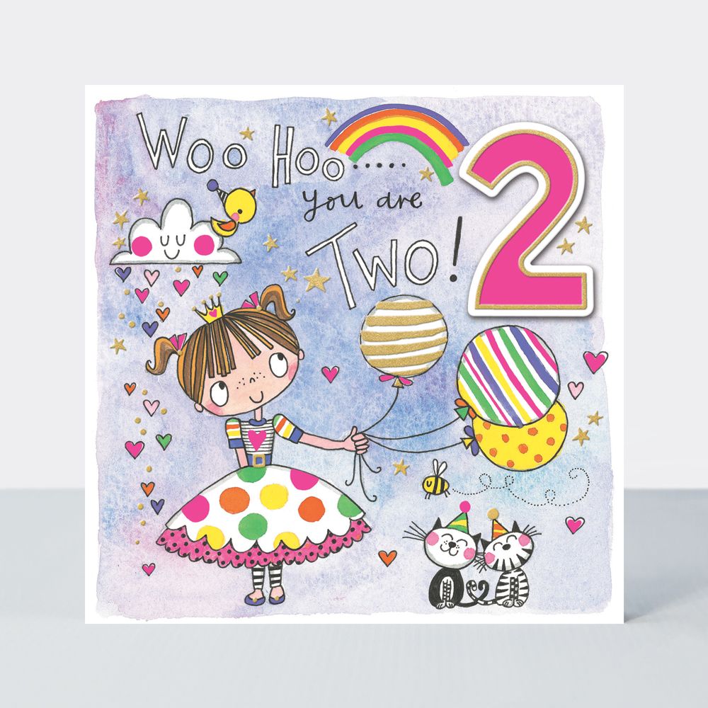 2nd Birthday Cards - WOO HOO You ARE TWO - Pretty GIRL With BALLOONS BIRTHD
