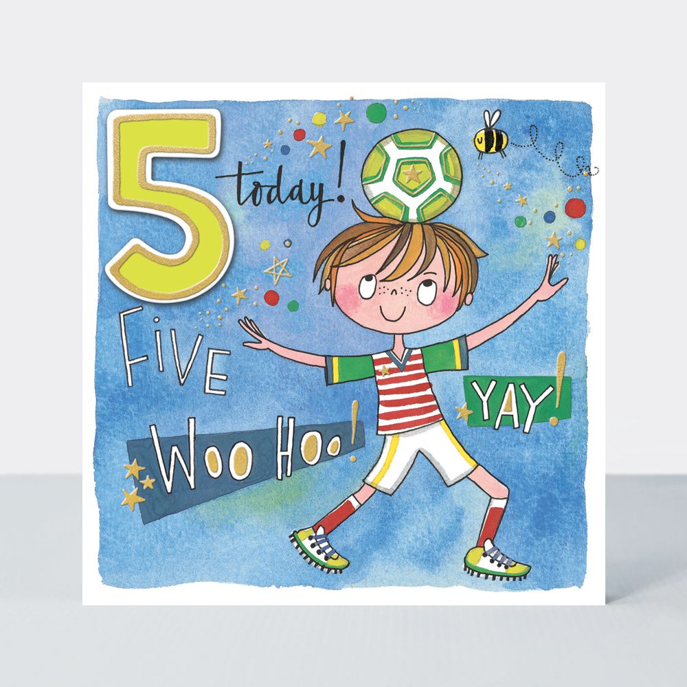 5th Birthday Cards - FIVE Woo HOO YAY - Colourful & FUN FOOTBALLER BIRTHDAY