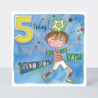 5th Birthday Cards - FIVE Woo HOO YAY - Colourful & FUN FOOTBALLER BIRTHDAY Cards - 5th BIRTHDAY Card FOR - Son - GRANDSON - Nephew