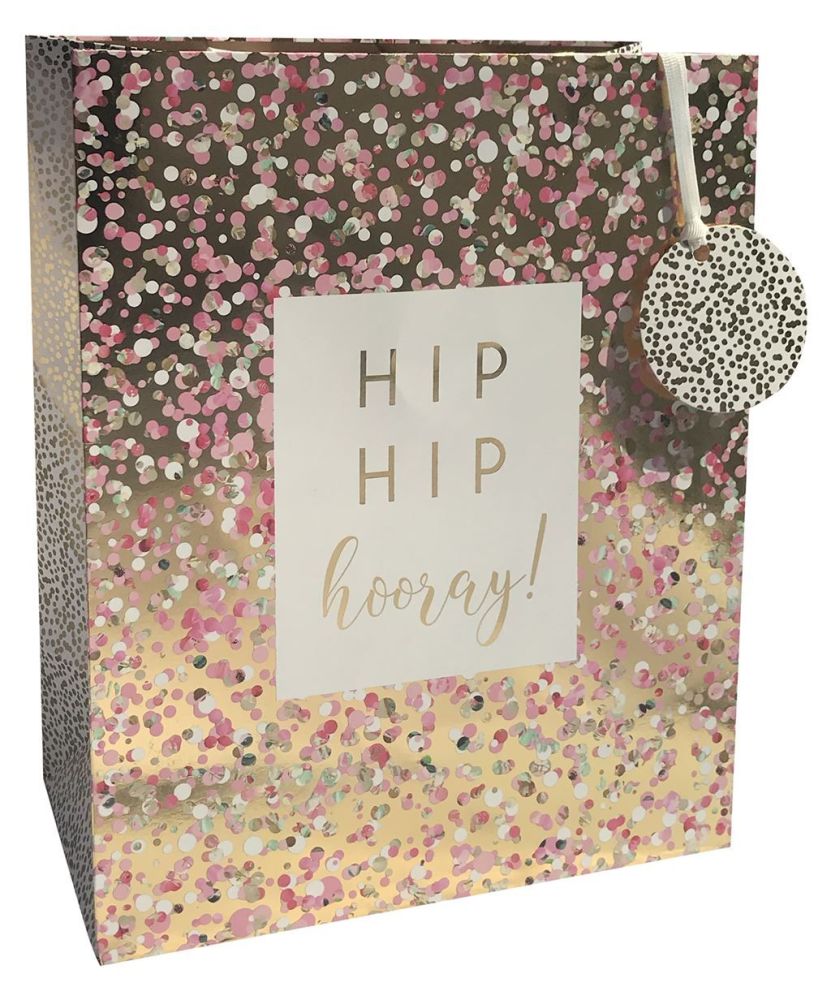 Hip Hip Hooray Gift Bag - LARGE Portrait GIFT Bag - Pretty Gift BAG - GIFT Bags - GOLD Foil & PINK GIFT Bags - Large GIFT Bag With TAG