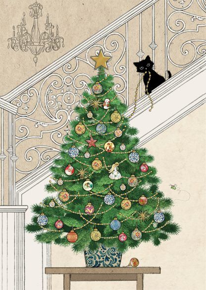 Cheeky Kitten & Christmas Tree Christmas Card - STUNNING Christmas CARD - GOLD Foil CHRISTMAS Card - Unique CHRISTMAS Cards FOR Family & FRIENDS