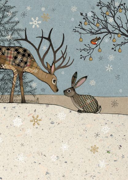 Beautiful Deer & Rabbit Christmas Card - STUNNING Christmas CARD - GOLD Foil CHRISTMAS Card - Unique CHRISTMAS Cards FOR Family & FRIENDS