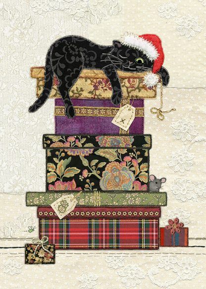 Sleepy Cat & Gifts Christmas Card - Highly DECORATIVE CHRISTMAS C