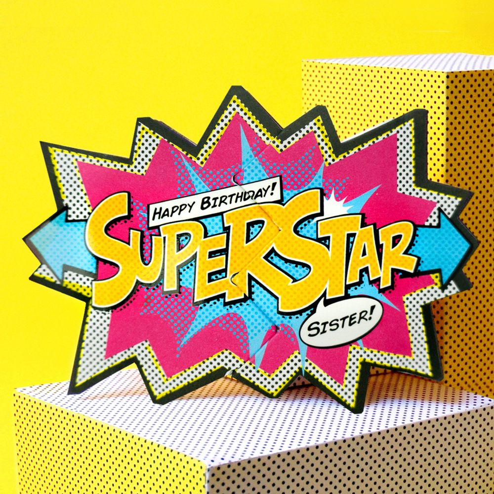 Happy Birthday Superstar Sister - SISTER Birthday CARDS - COMIC Book BIRTHDAY Cards - FUN Comic CRACKER Card FOR Sister - Birthday CARDS For SISTER