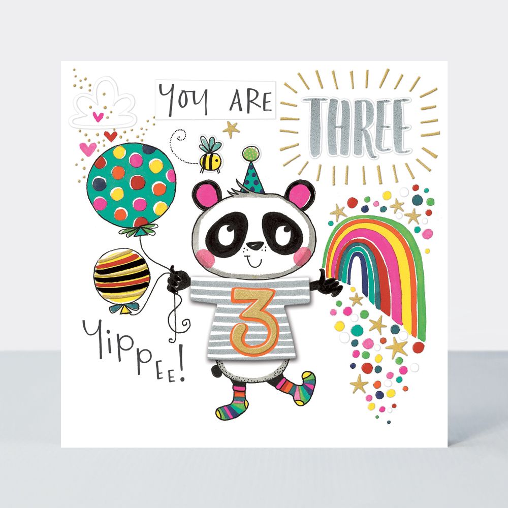 3rd Birthday Cards - YOU Are THREE YIPPEE - PANDA & Balloons BIRTHDAY Card 