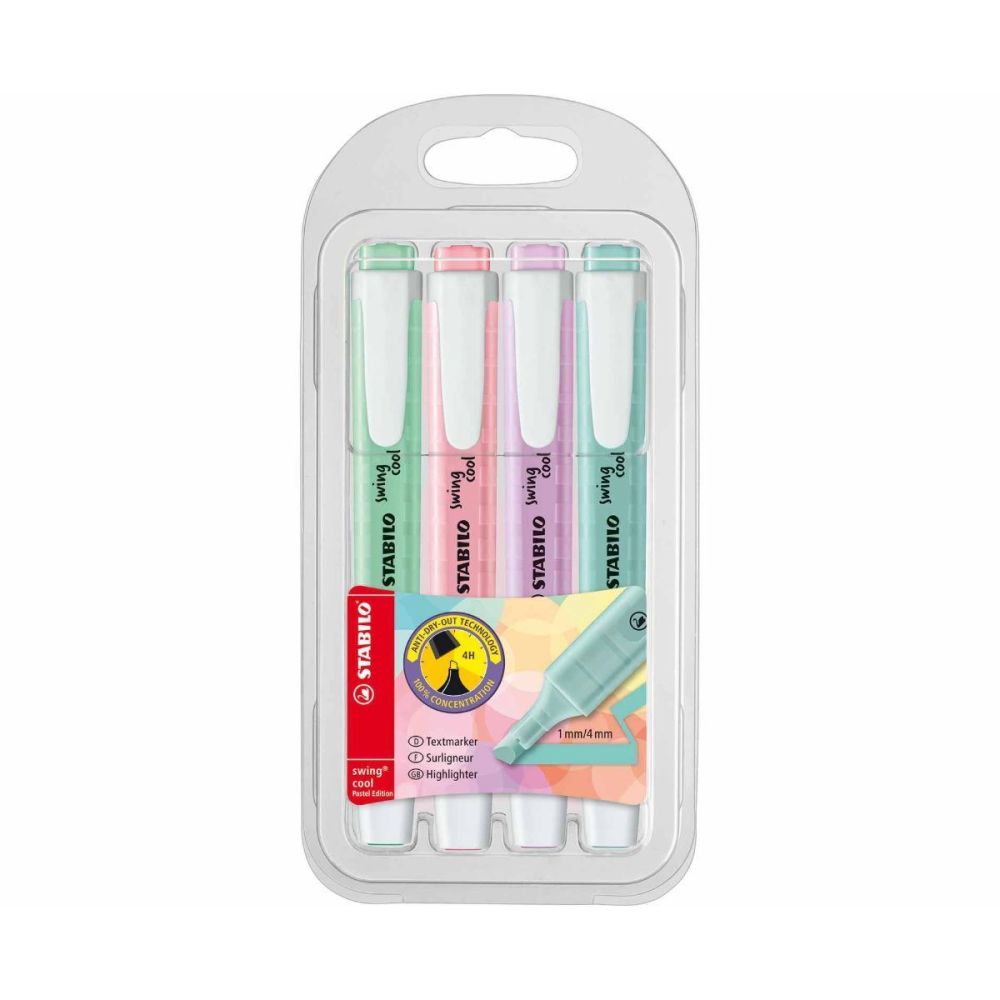 STABILO Swing Cool Pastel Highlighter Pack Of 4 - STABILO Highlighters - STATIONERY - Office SUPPLIES - HIGHLIGHTER Packs - HIGHLIGHTER Pens STABILO