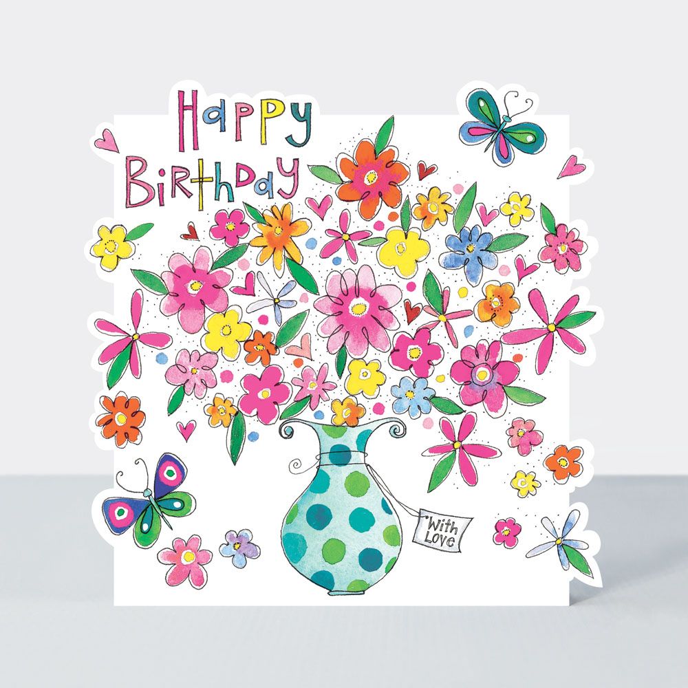 Happy Birthday With Love - BIRTHDAY Cards FOR Her - Sparkly VASE Of FLOWERS
