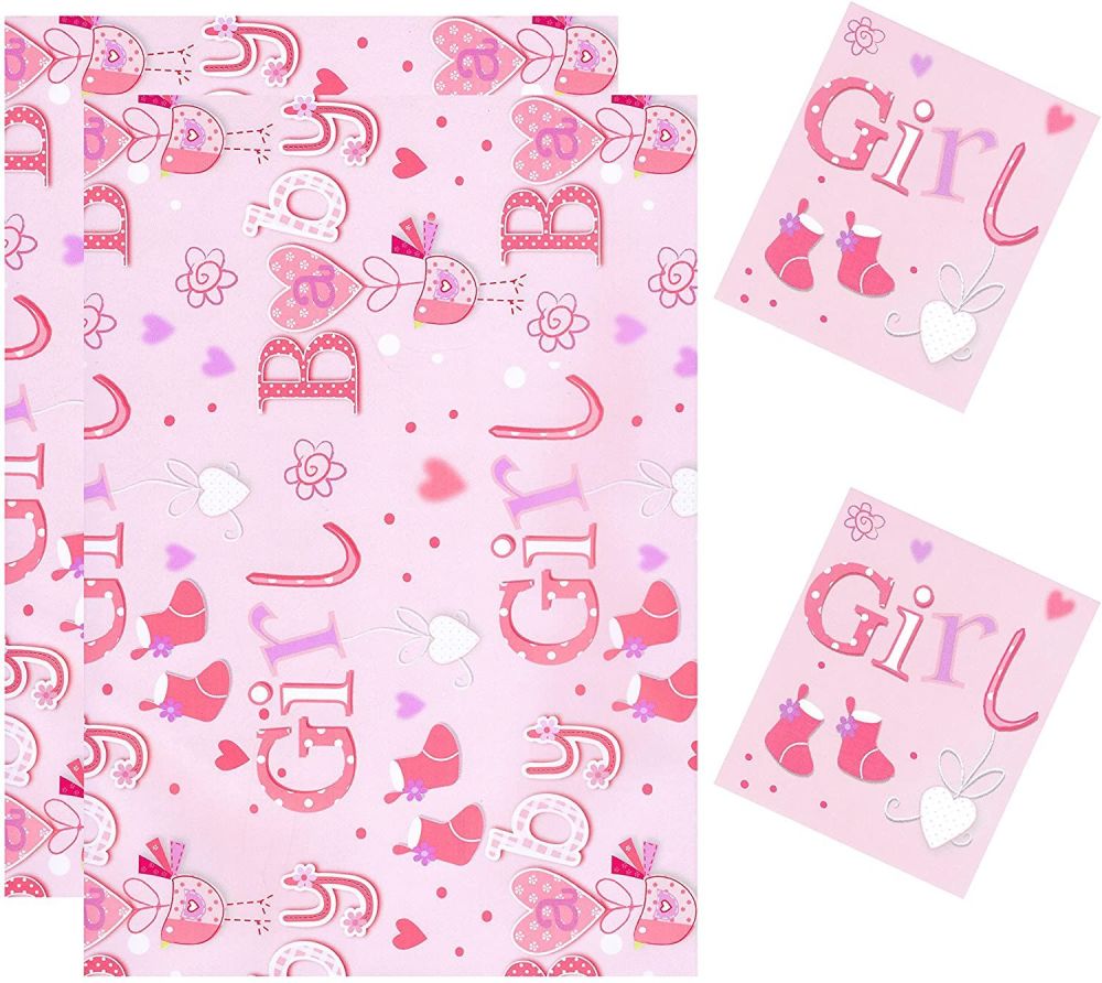 Baby Girl Pink Gift Wrap & Tag Pack - NEW BABY Wrapping PAPER - 2 SHEETS OF GIFT WRAP With 2 TAGS - SOCKS & HEART Wrapping PAPER - Baby GIRL GIFT Wrap