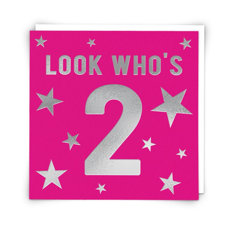 2nd Birthday Card Girl - LOOK WHO'S 2 - Pretty PINK & Silver BIRTHDAY Car