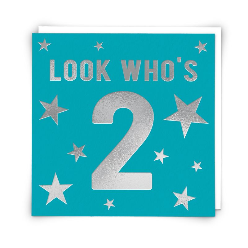 2nd Birthday Card Boy - LOOK WHO'S 2 - Vibrant BLUE & Silver BIRTHDAY Card 