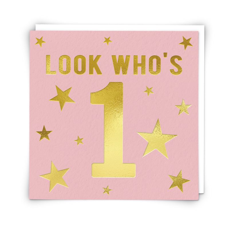 1st Birthday Card For Girl - LOOK WHO'S 1 - Vibrant PINK & Gold BIRTHDAY Ca