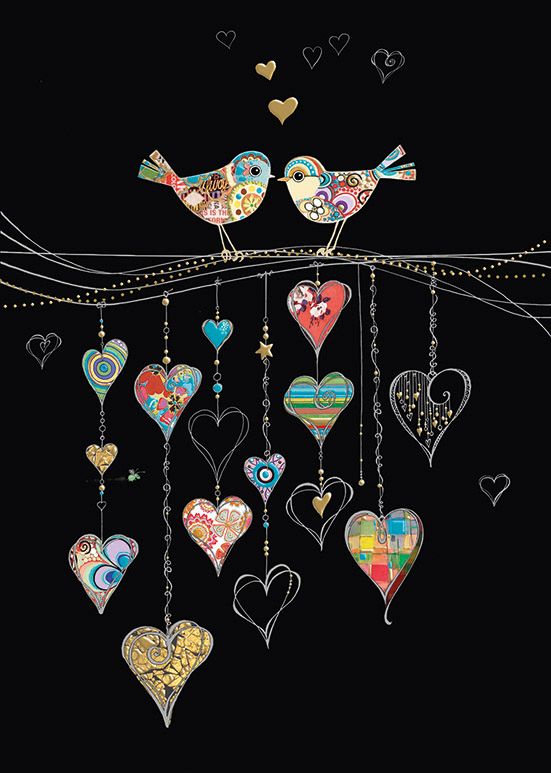Love Birds & Hearts Greeting Card - BLANK Cards - Fun ROMANTIC CARD - Gold 
