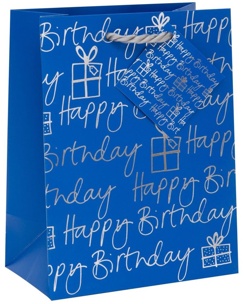 Happy Birthday Gift Bag - MEDIUM GIFT Bag - BLUE & SILVER Gift BAG - LUXURY