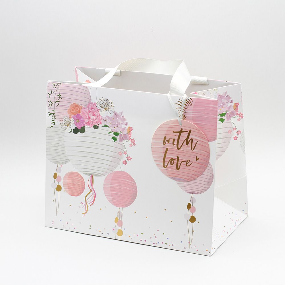 Wedding Gift Bags - WITH LOVE - Medium LANDSCAPE  - BEAUTIFUL Wedding LANTERNS Gift BAG - Pink & White TOTE Gift BAG 