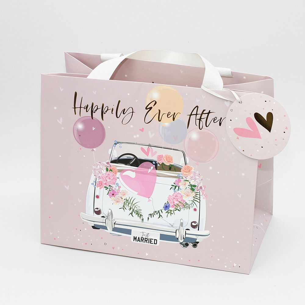 Wedding Gift Bags - HAPPILY Ever AFTER - Medium LANDSCAPE - BEAUTIFUL Wedding CAR Gift BAG - Pink & White TOTE Gift BAG