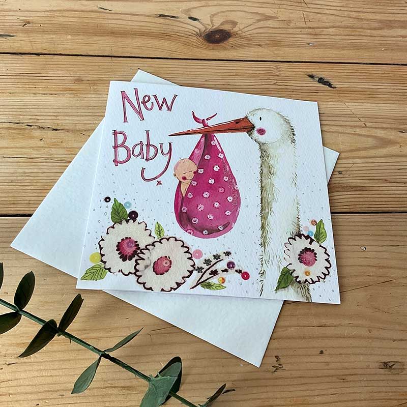 New Baby Card - BABY Girl Card - CUTE STORK With NEW Baby GIRL - NEW Baby G