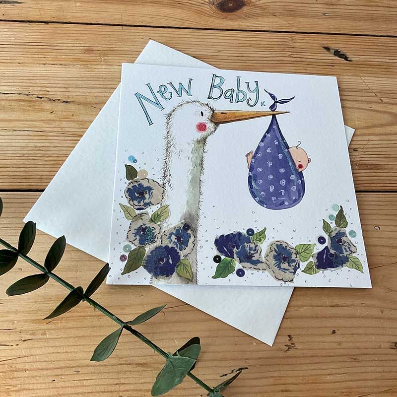 New Baby Card - BABY Boy Card - CUTE STORK With NEW Baby BOY - NEW Baby BOY