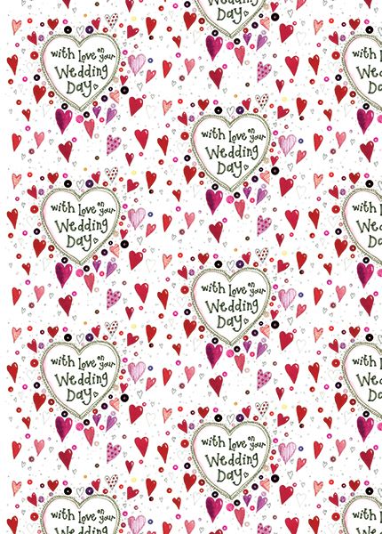 With Love On Your Wedding Day Wrapping Paper - 2 SHEETS Of LUXURY Gift WRAP - RECYCLABLE Wrapping Paper - CUTE Red HEARTS Gift WRAP - Wedding GIFTWRAP