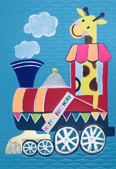Happy Birthday - KIDS Birthday CARDS - Fun BIRTHDAY Train CARD - Cute GIRAF