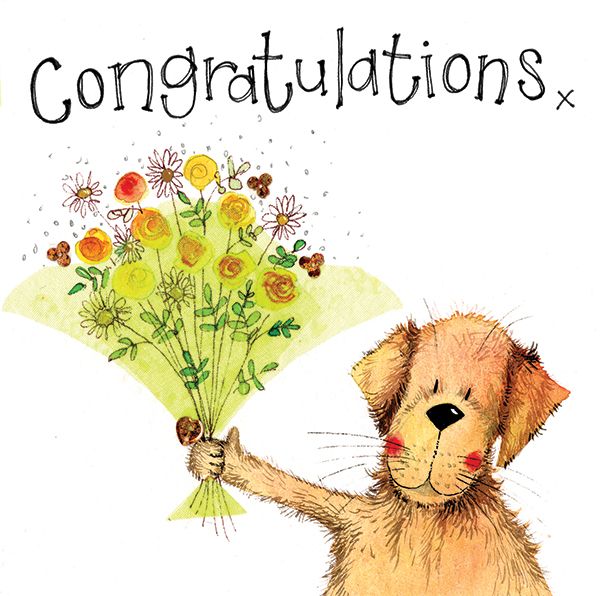 Congratulations Cards - ADORABLE Dog With BOUQUET Congratulations CARD - Pr