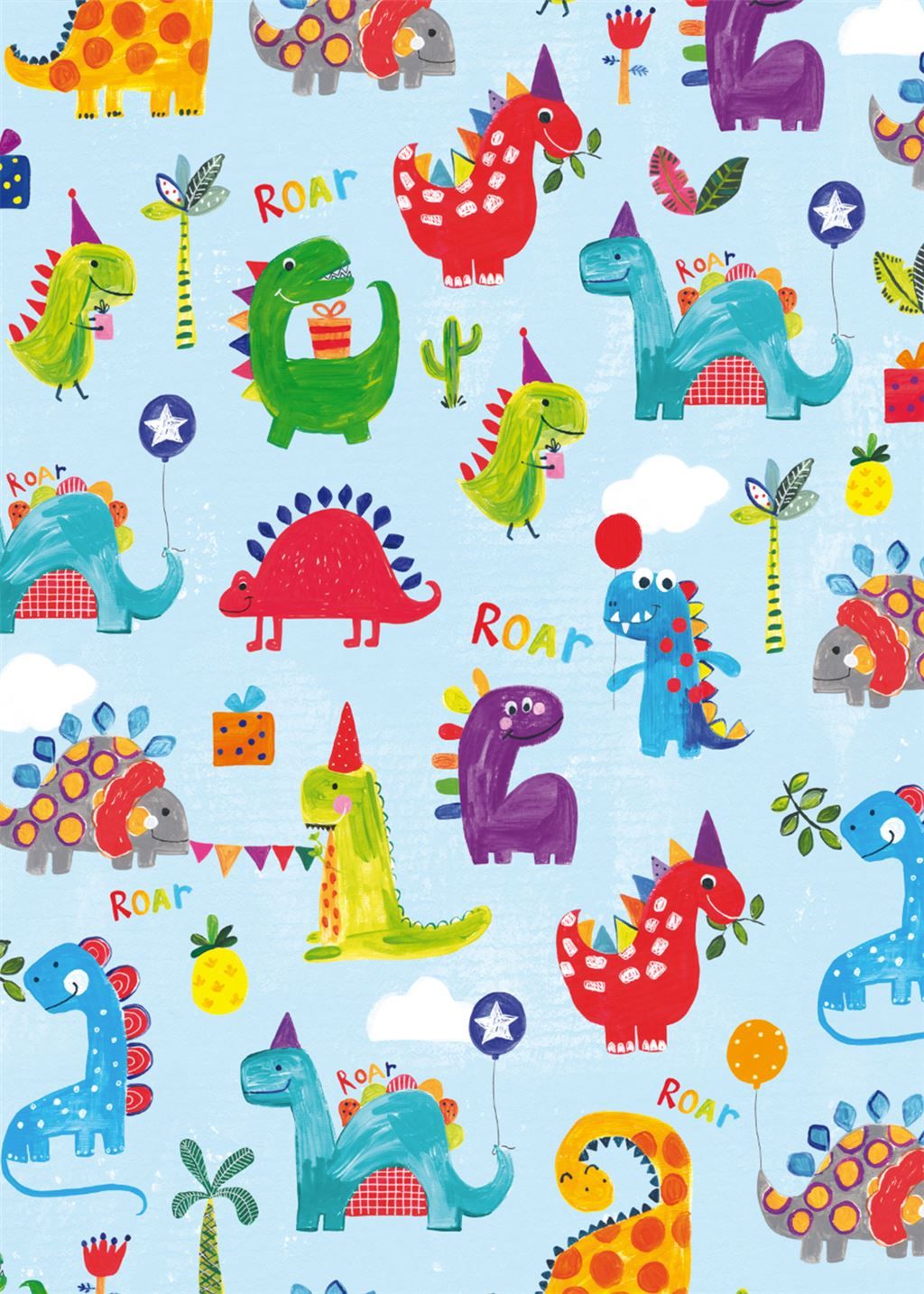 Cute Dinosaurs With Balloons Birthday Wrapping Paper - 2 SHEETS Of LUXURY G
