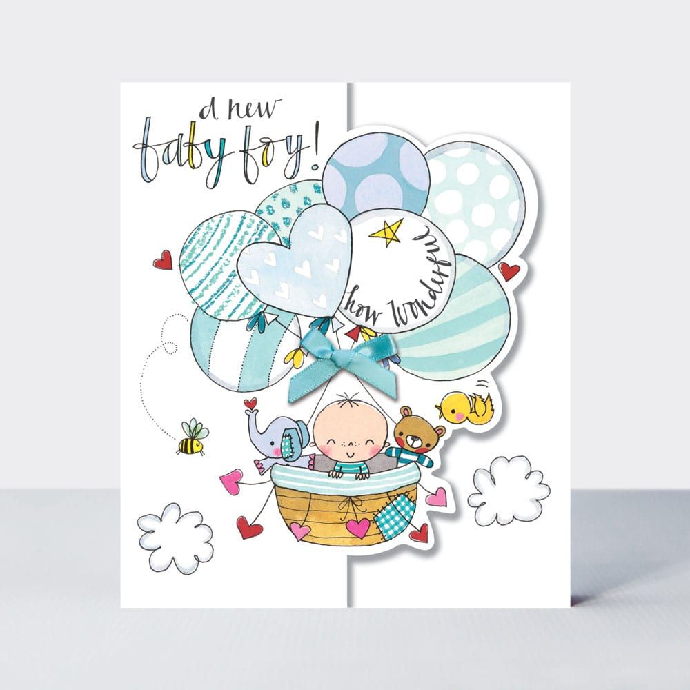 A New Baby Boy How Wonderful - NEW Baby GREETING Cards - New BABY Boy CARDS - CUTE Baby BOY In BALLOON CARD