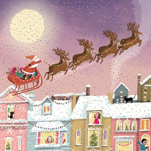 Beautiful Santa Christmas Card - LUXURY GOLD Foil Christmas CARD For FRIENDS & Family - SANTA Flying THROUGH The Sky CHRISTMAS Card 