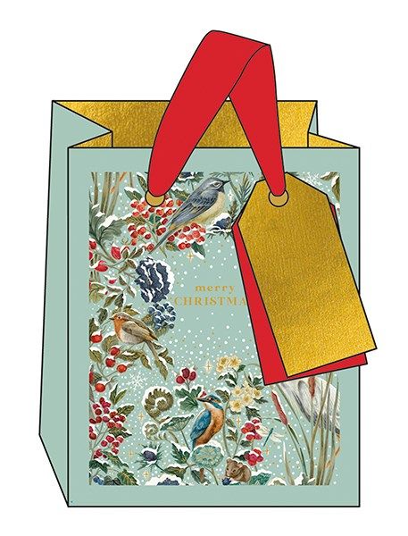 Christmas Gift Bags - SMALL Gift BAGS - WINTER Birds & BERRIES GIFT Bag - MERRY Christmas GIFT Bag - PRETTY Gold FOIL Gift BAG