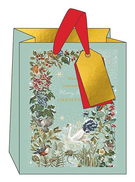 Christmas Gift Bags - MEDIUM Gift BAGS - WINTER Birds & BERRIES GIFT Bag - MERRY Christmas GIFT Bag - PRETTY Gold FOIL Gift BAG