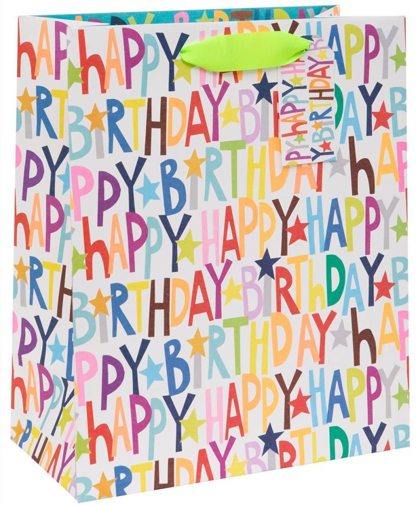 Colourful Happy Birthday Gift Bag - LARGE Portrait Bag - BIRTHDAY GIFT Bag - Gift BAGS For BIRTHDAYS - Large GIFT Bag With TAG