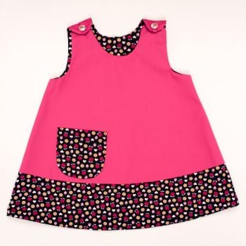 Handmade, Girls 2 in 1 Dress - Limited Edition - Pink Flower and Strawberry Trim