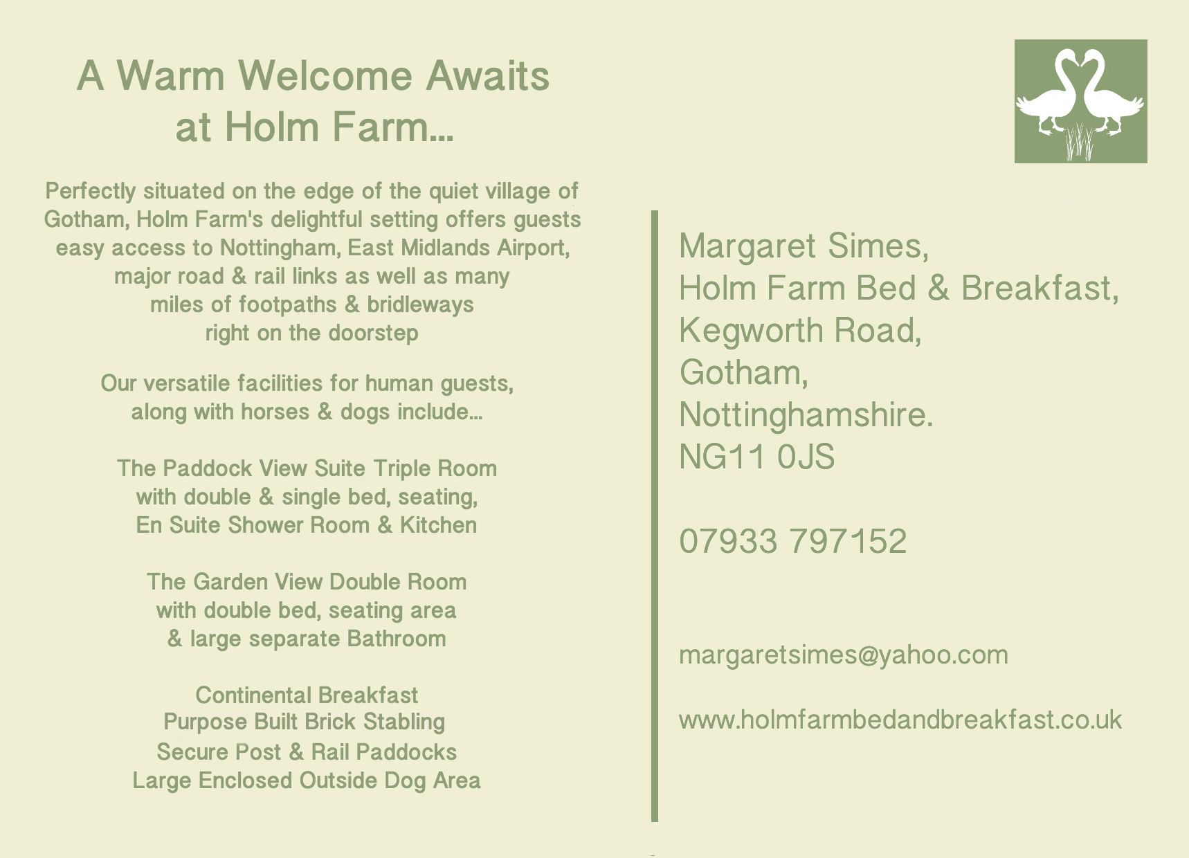 Reverse of Room Card for Holm Farm B&B