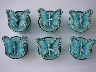Set of Six Turquoise Blue Butterfly Tea Lights