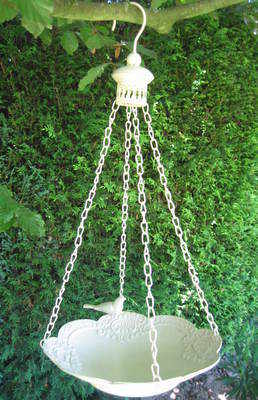 Hanging Metal, Antique White Bird Bath with Bird Detail