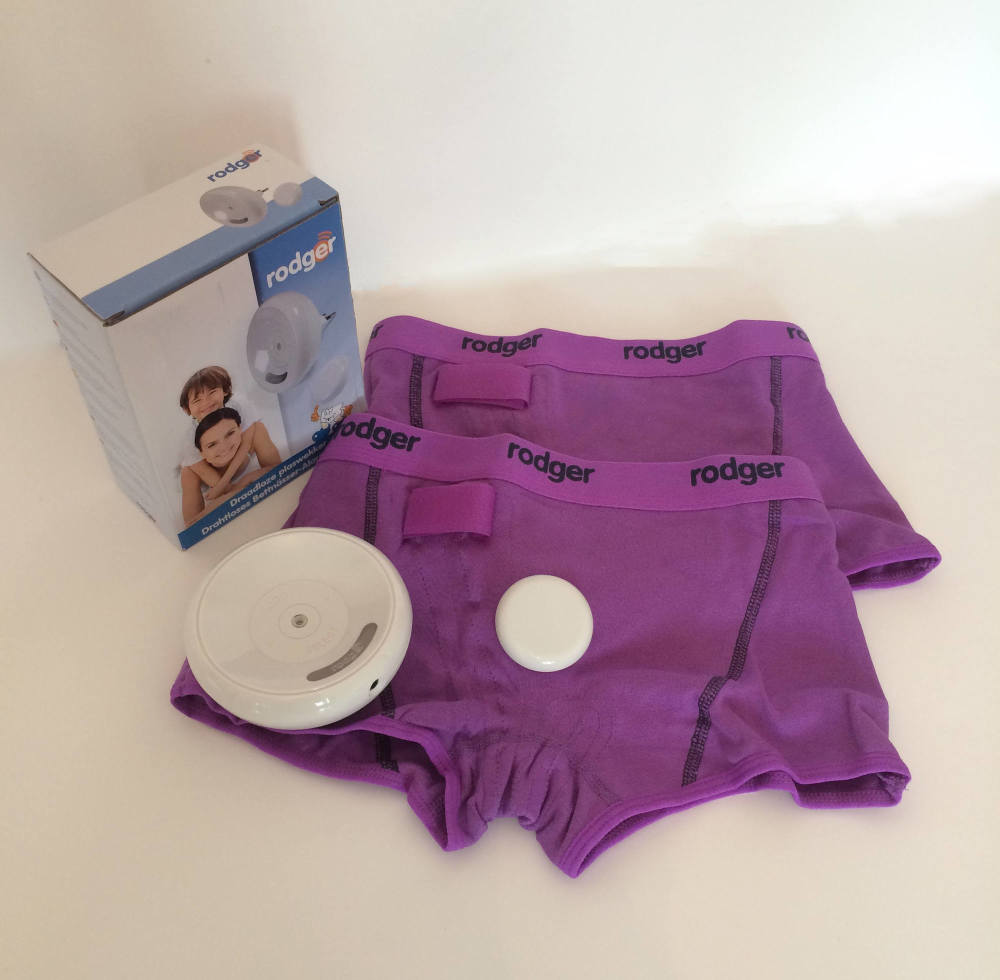 wireless remote rodger bed wetting alarm system, wire free bedwetting pants alarm by Rodger