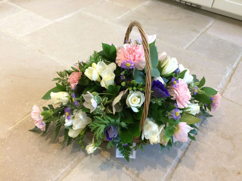 Pretty Seasonal fresh flower basket trug arrangement - perfect gift for Bir