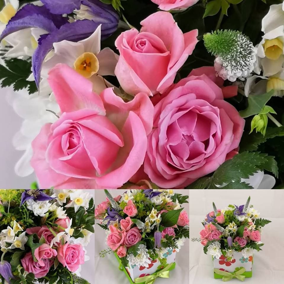 Cheerful, floral decorated, hat box of spring blooms