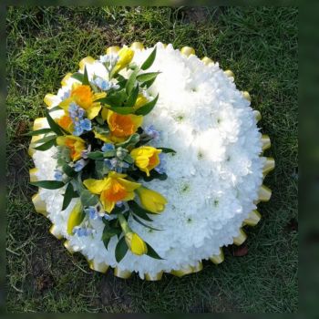 Funeral tribute - based posy pad - white, yellow or pink chrysanthemum based with flower spray - 9", 12", 14" or 16" - From £30.00
