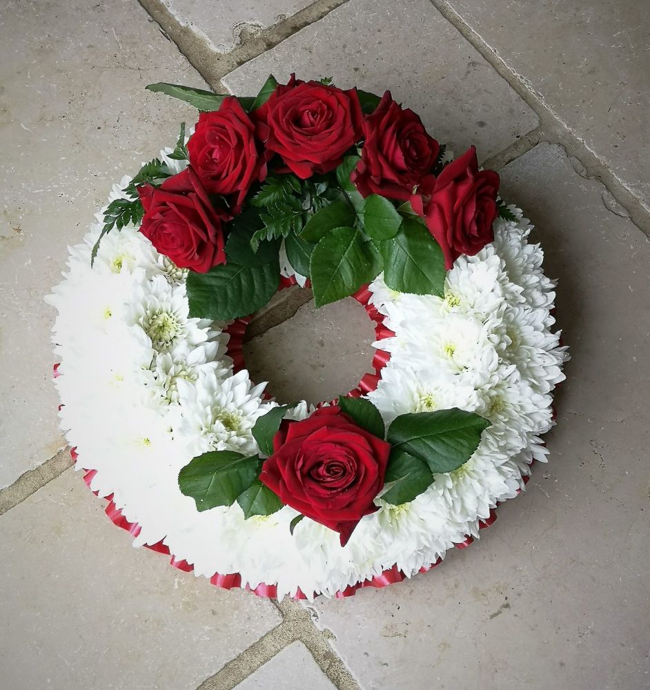 1. Funeral traditional wreath - white chrysanthemum based - choice of colou