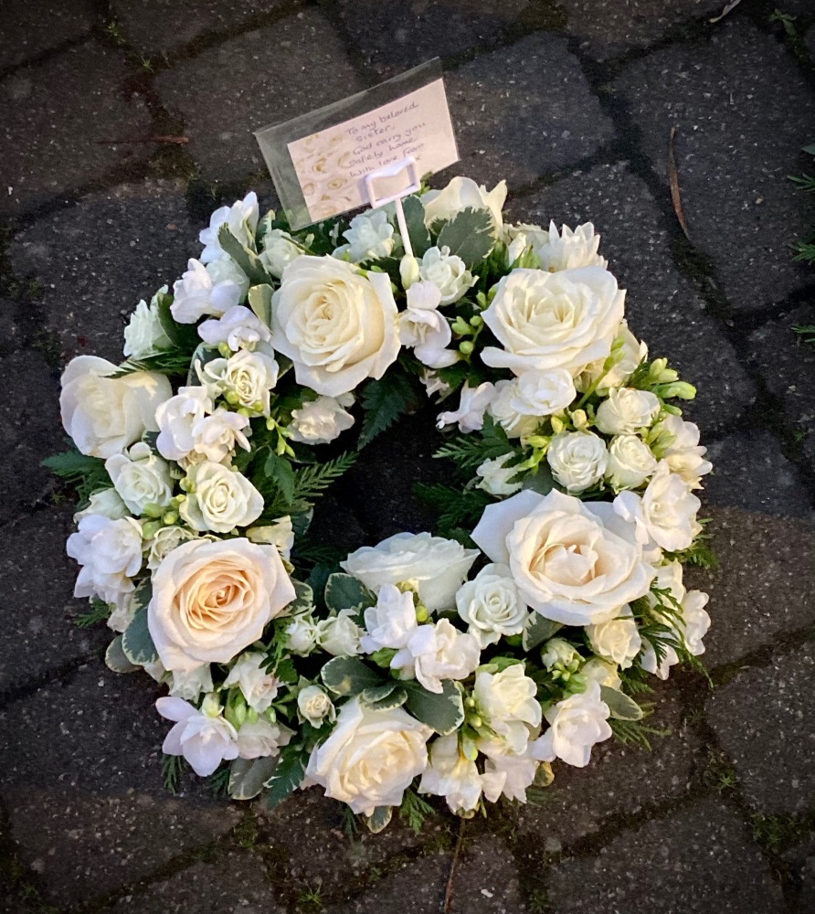 Luxury Rose classic open design funeral wreath - available in a choice of c