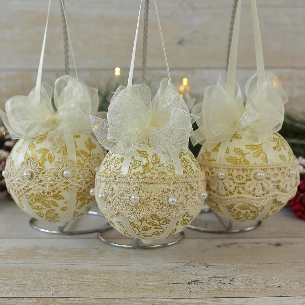 Vintage Style Baubles: Gold and Cream Christmas Decorations