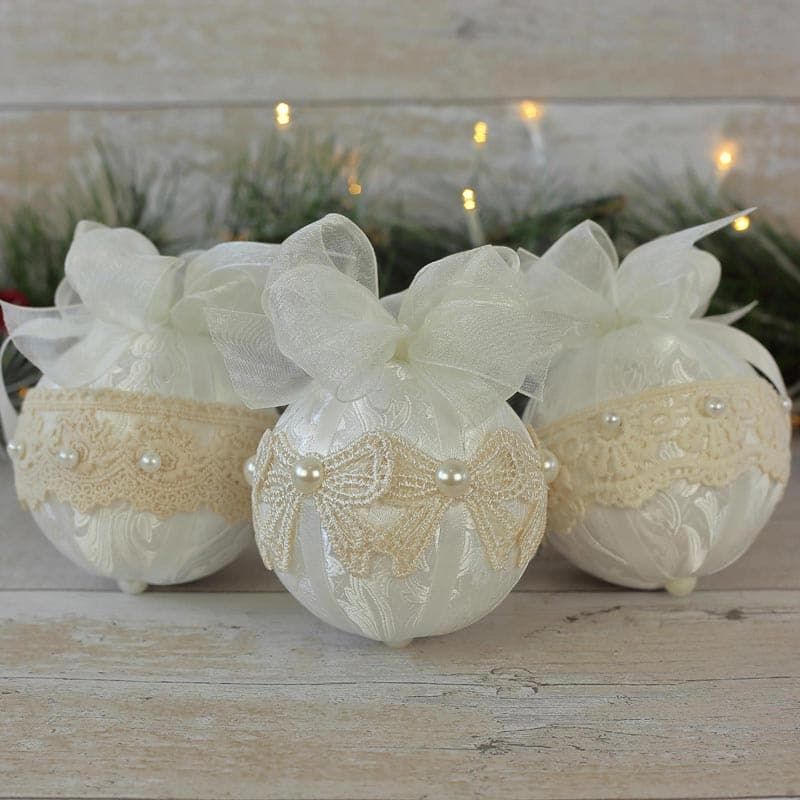 Vintage style white fabric Christmas baubles
