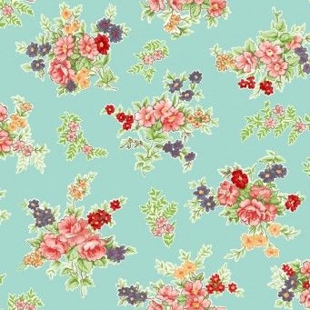 <!--3221-->Makower UK - Katie Jane Bouquet in Turquoise, per fat quarter