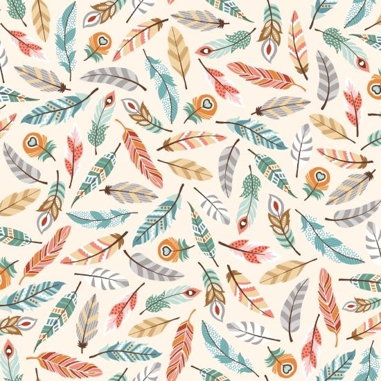 <!--5350-->Studio E - Camp Along Critters - Feathers in Cream, per fat quar